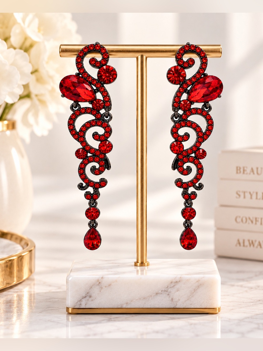 Red Crystal Chandelier Earrings Gothic Baroque Scroll Dangle Halloween Glam NEW